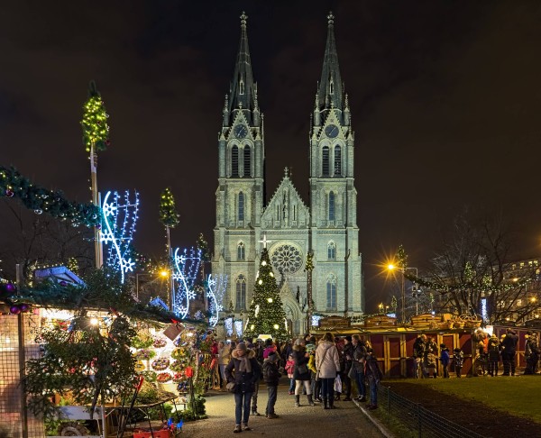 Christmas Market in front of Church of St. Ludmila in Vinohrady | Small Charming Hotels